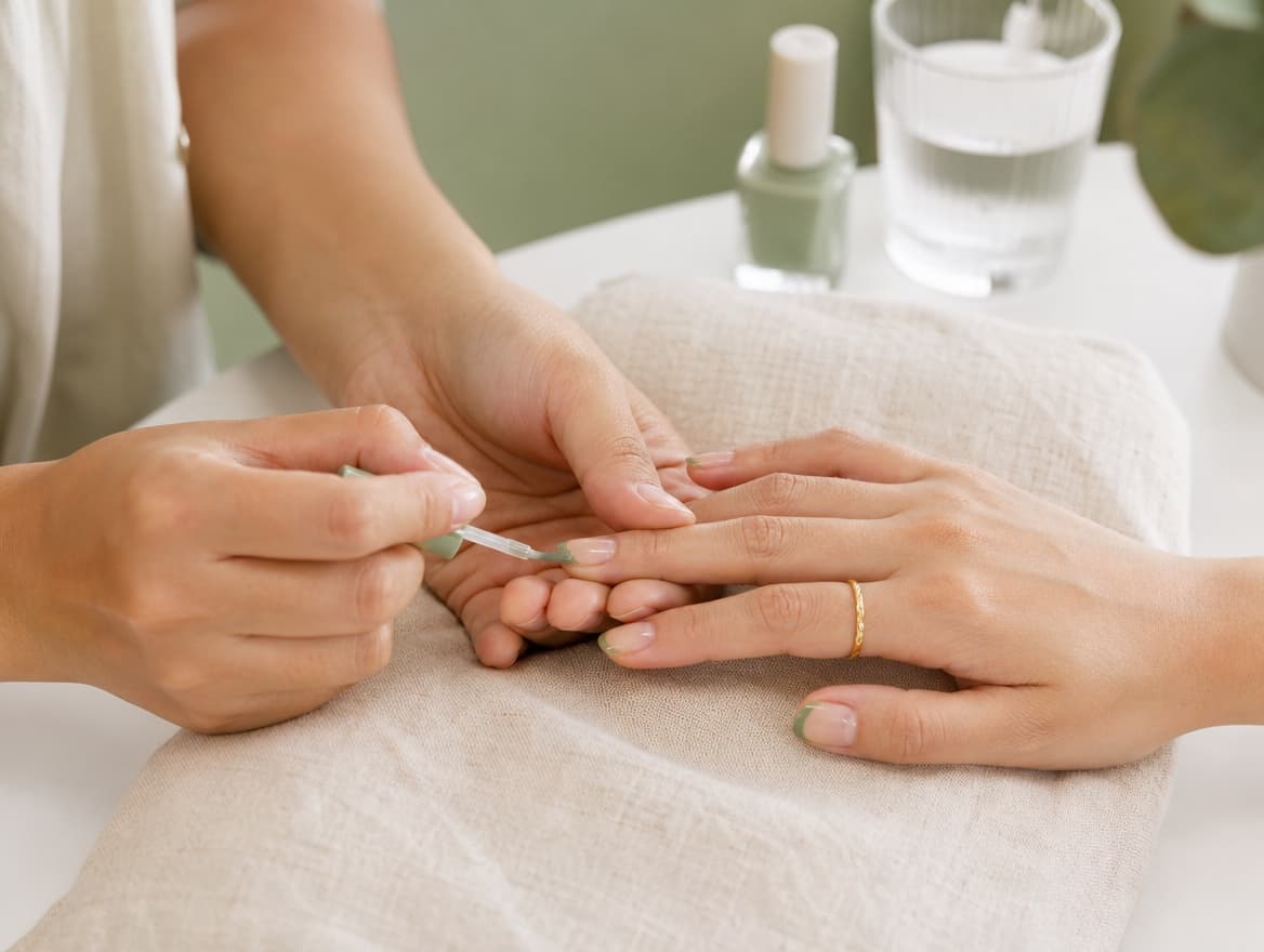 Nail technician painting a sage-green French tip manicure at a Singapore nail salon
