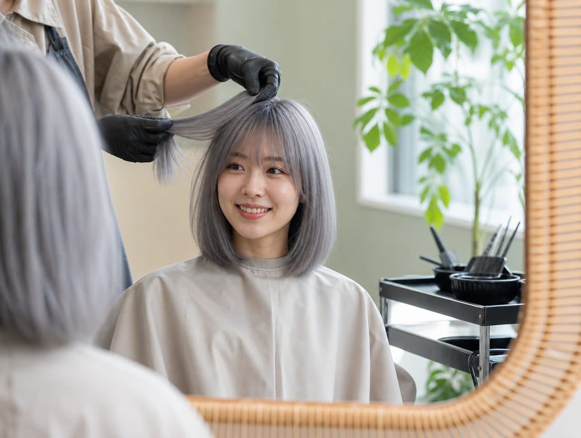 Client smiling at her new silver-grey hair colour in the mirror at a Singapore hair salon